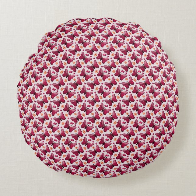 Pink Butterfly Cherry Seamless Pattern Round Pillow (Front)