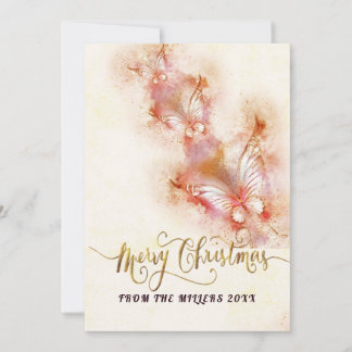 Pink Butterfly Christmas Glitter Holiday Card