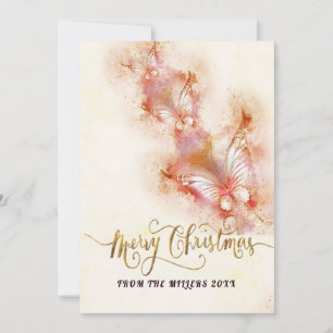 Pink Butterfly Christmas Glitter Holiday Card