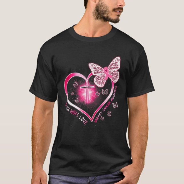 Pink Butterfly Cross Faith Hope Love Breast Cancer T-Shirt (Front)
