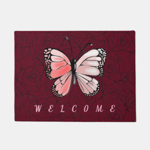 Pink Butterfly Doormat with Roses Welcome