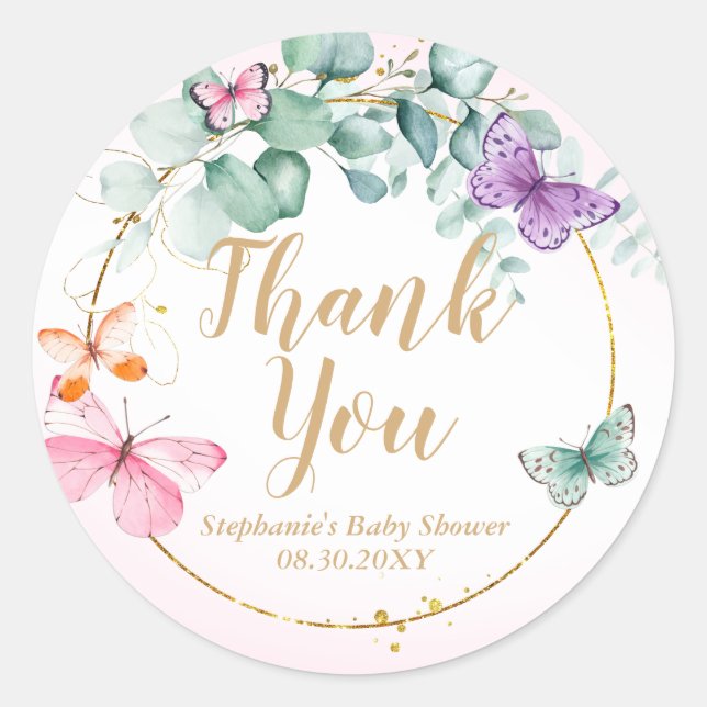Pink Butterfly Eucalyptus Baby Shower Favour Classic Round Sticker (Front)