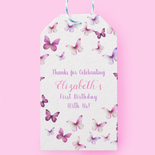 Pink Butterfly First Birthday Baby Girl Gift Tags
