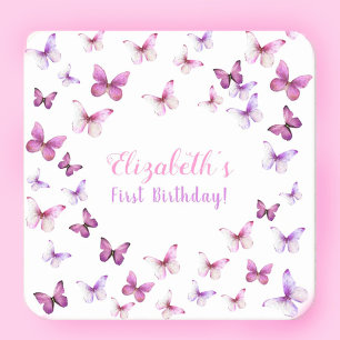 Pink Butterfly First Birthday Baby Girl  Square Paper Coaster