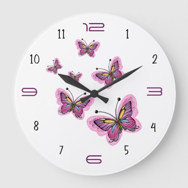 Pink Butterfly Flight – Elegant Minimalist Large Clock (Front)