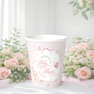 Pink Butterfly Floral Bow Baby Shower Paper Cups