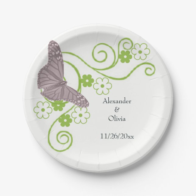 Pink Butterfly Floral Bridal Shower Paper Plate (Front)