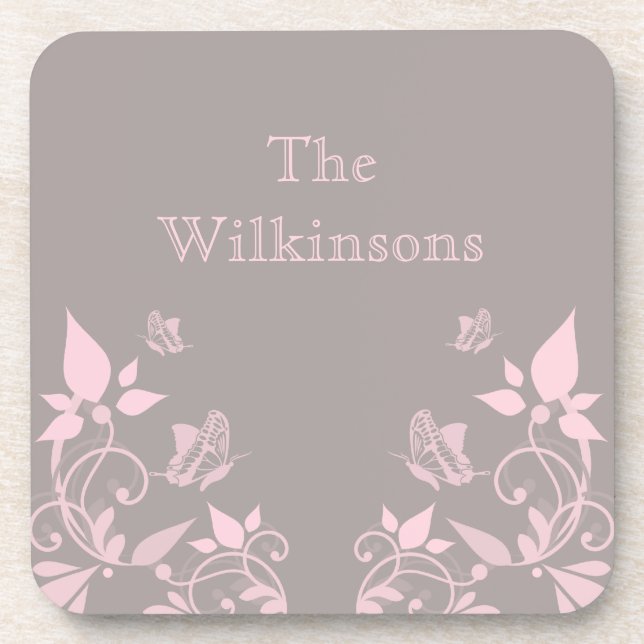 Pink Butterfly Floral Coaster Set (Front)