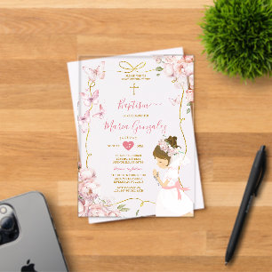 Pink Butterfly Floral Girl Praying Gold Baptism Acrylic Invitations