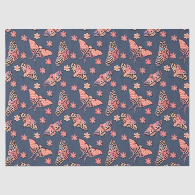 Pink Butterfly Floral Pattern on Midnight Blue Tissue Paper (Front)