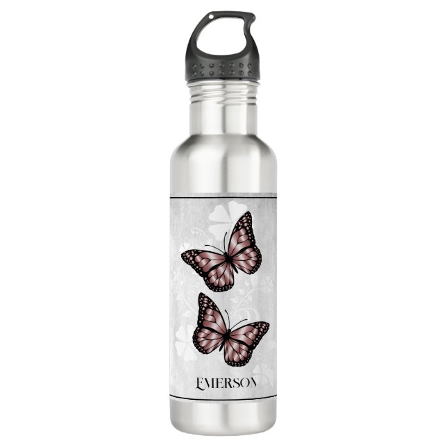 Pink Butterfly Floral Personalized 710 Ml Water Bottle (Front)