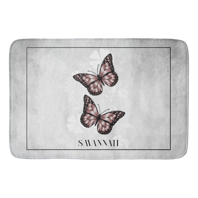 Pink Butterfly Floral Personalized Bath Mat (Front)