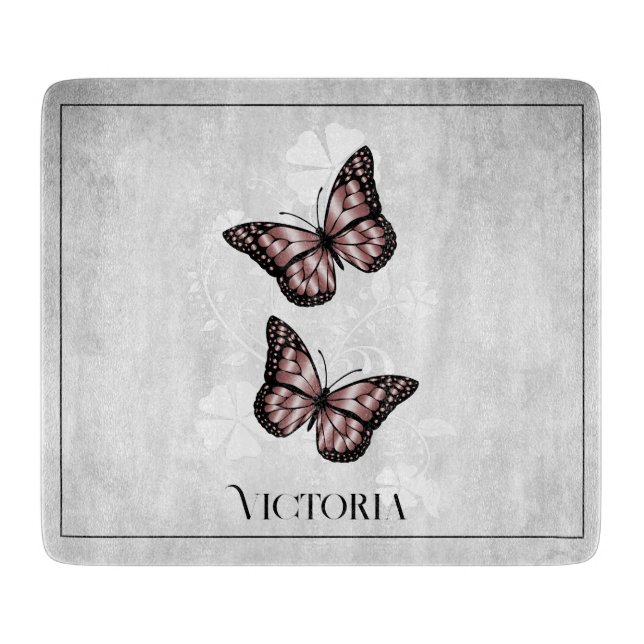 Pink Butterfly Floral Personalized Cutting Board (Front)