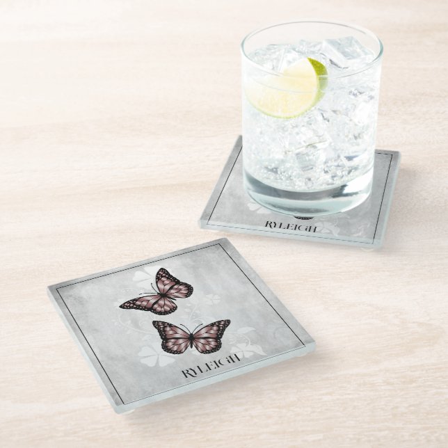 Pink Butterfly Floral Personalized Glass Coaster (Angled)
