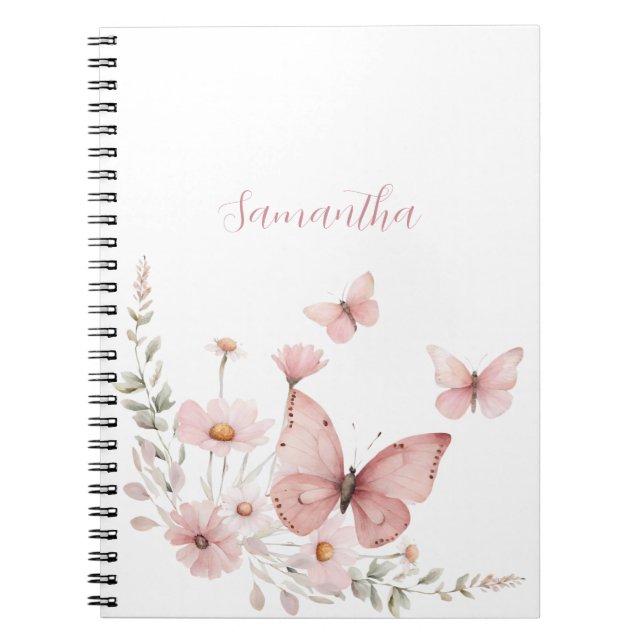 Pink Butterfly Floral Personalized Notebook (Front)