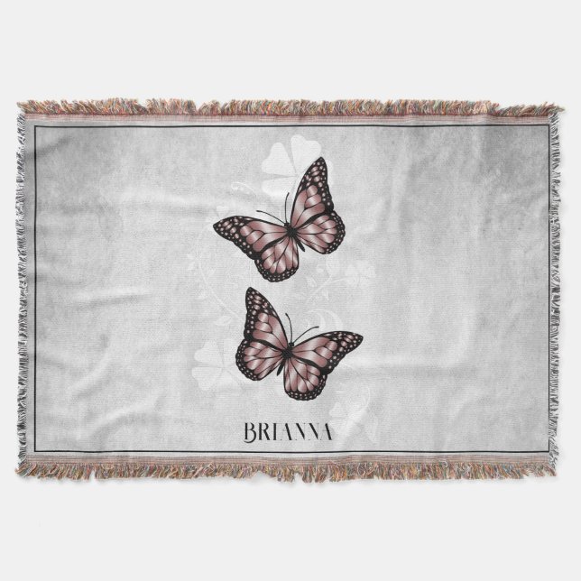 Pink Butterfly Floral Personalized Throw Blanket (Front)
