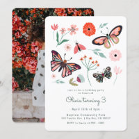 Pink Butterfly Flower Birthday Invitation