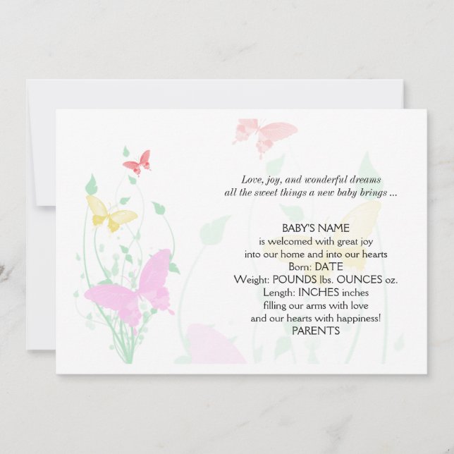 Pink Butterfly Garden Baby Announcement (Front)