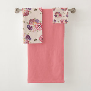 Pink Butterfly Garden Bee Painting Bath Towel Set