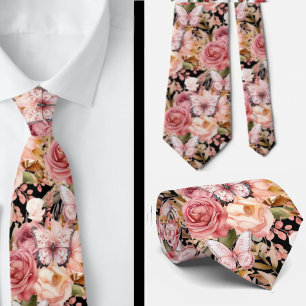 Pink Butterfly Garden Floral Neck Tie