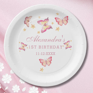 Pink Butterfly Girl 1st Birthday Party Paper Plate
