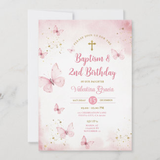 Pink Butterfly Girl 2nd Birthday Baptism Cross Invitation