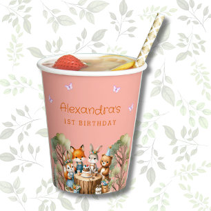 Pink Butterfly Girl Woodland Animals 1st Birthday Paper Cups