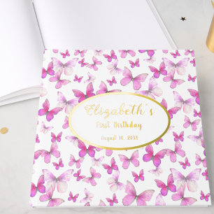 Pink Butterfly Gold Foil First Birthday Guest Book
