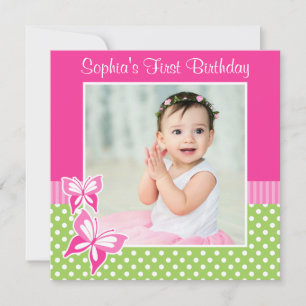 Pink Butterfly Green Polka Dot 1st Birthday Photo Invitation