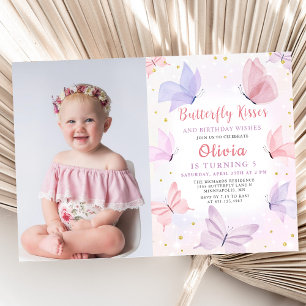 Pink Butterfly Kisses Girls Birthday Party Photo Invitation