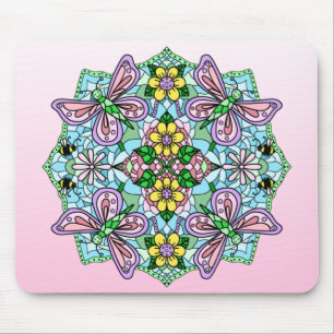 Pink Butterfly Mandala Whimsical Hand Drawn Mouse Pad