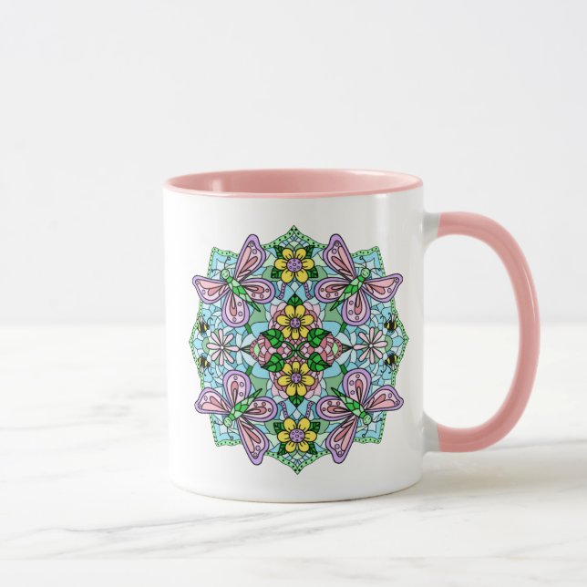 Pink Butterfly Mandala Whimsical Hand Drawn   Mug (Right)
