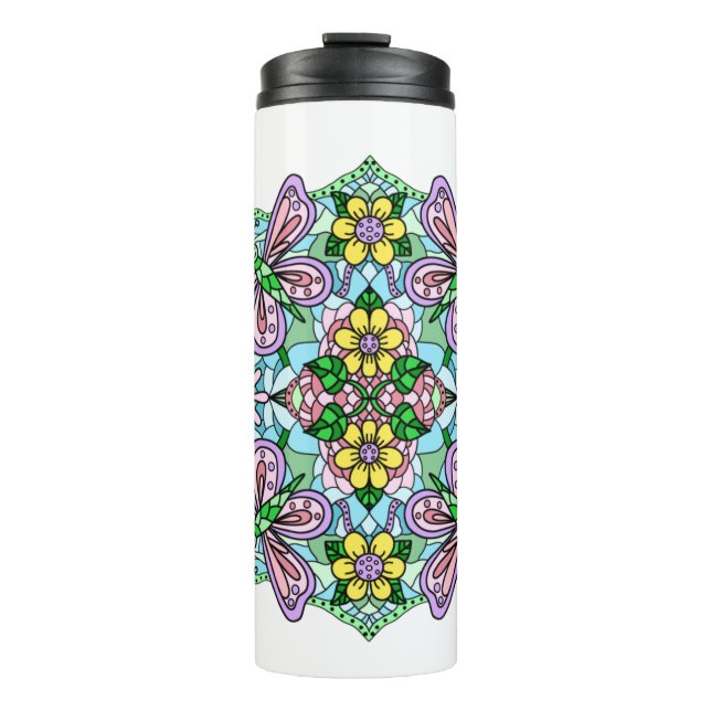 Pink Butterfly Mandala Whimsical Hand Drawn  Thermal Tumbler (Front)