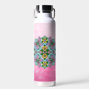 Pink Butterfly Mandala Whimsical Hand Drawn   Water Bottle