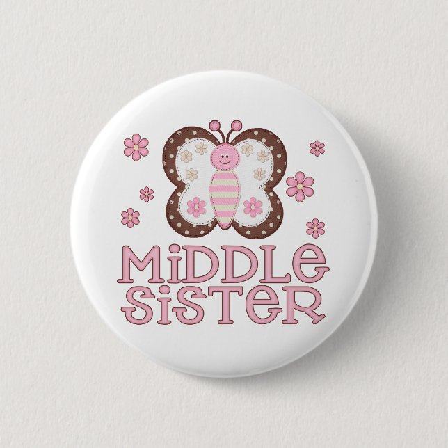 Pink Butterfly Middle Sister 2 Inch Round Button (Front)
