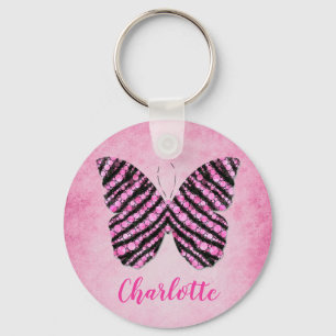 Pink Butterfly Name Monogram Keychain