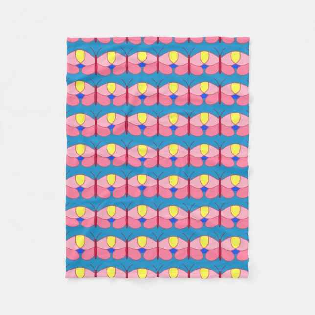 Pink Butterfly on Blue Fleece Blanket (Front)