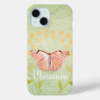 Pink Butterfly on Green Floral Background