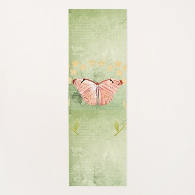 Pink Butterfly on Green Floral Background Yoga Mat (Front)