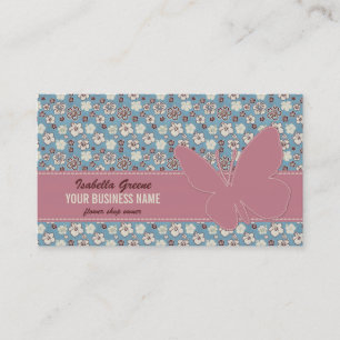 Pink butterfly on Vintage Floral Blue Pattern Business Card