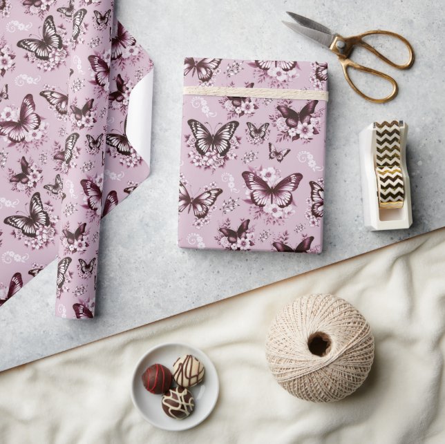 Pink Butterfly Pattern Gift Wrapping Paper (Crafts)
