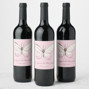 Pink Butterfly Personalized Wedding Wine Label