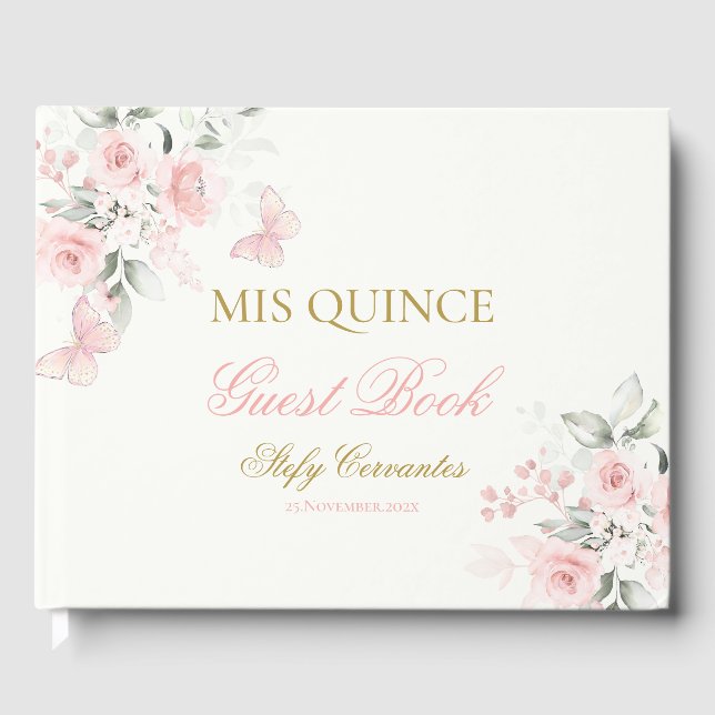 Pink Butterfly Quinceañera Guest Book (Front)
