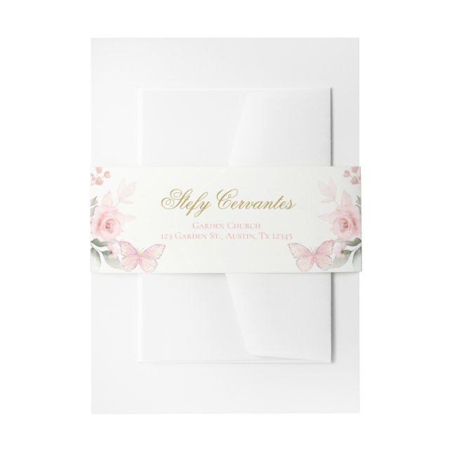 Pink Butterfly Quinceañera Invitation Belly Band (Front Example)