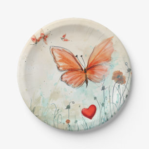 Pink Butterfly & Red Heart Paper Plate