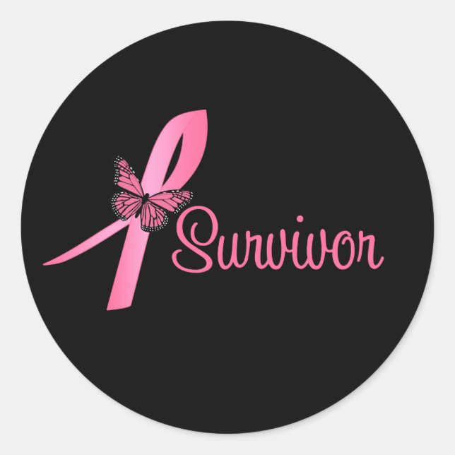 Pink Butterfly Ribbon - Breast Cancer Survivor Classic Round Sticker (Front)