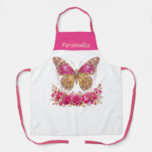 Pink Butterfly Roses Gold Personalized Design Apron