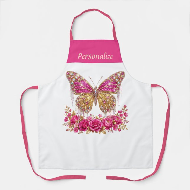 Pink Butterfly Roses Gold Personalized Design Apron (Front)