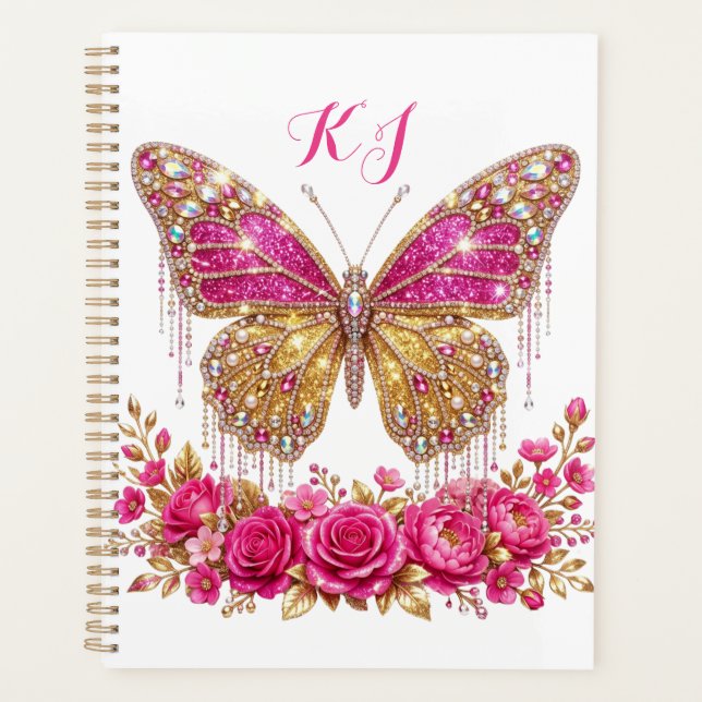 Pink Butterfly Roses Gold Personalized Design Planner (Front)