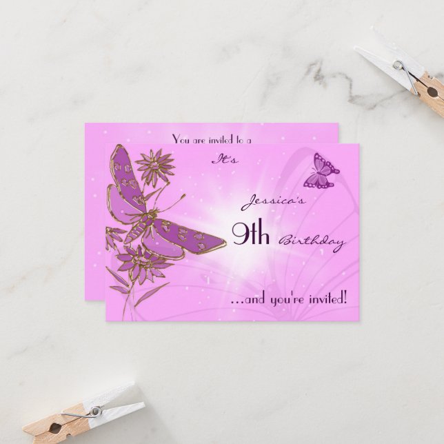 Pink Butterfly RSVP Invitation Card (Front/Back In Situ)